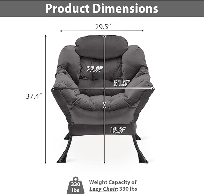 Youtanic Lazy Chair Thick Padded, Comfy Velvet Accent Lounge Chair with Stable Frame, Leisure Sofa Armchair with Armrests and Side Pocket, Reading Chair for Bedroom, Living Room, Office, Charcoal
