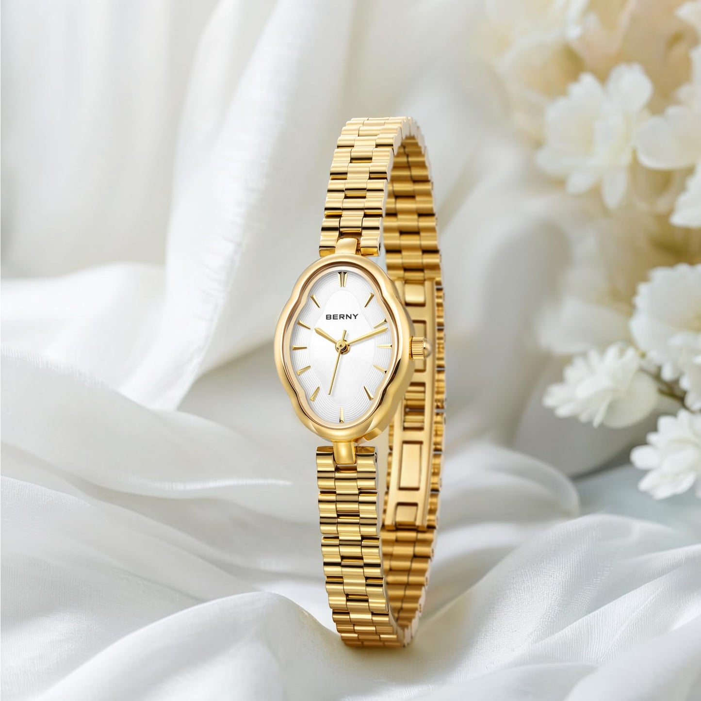 BERNY Gold Watches for Women Dainty Ladies Quartz Watch Vintage Copper Mirrors Shape Japanese Quartz Movement 3ATM Waterproof Fashion Female Wrist Watch Luxury Birthday Gifts-White Dial