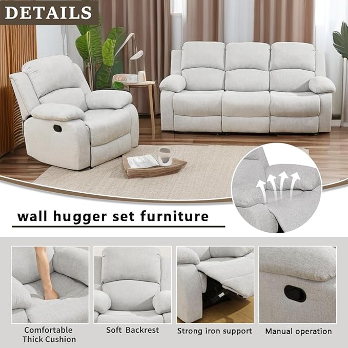 A Ainehome Living Room Furniture Set Microfiber Recliner Sofa Set Loveseat Chair Furniture Sofa Set for Living Room/Small Space/Rv/House/Office/Theater Seating (A-Grey White Microfiber, Sofa+Chairs)
