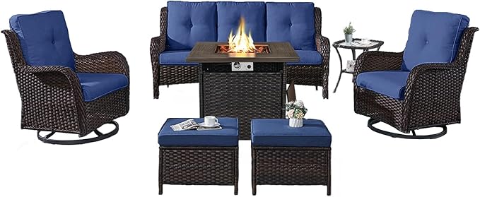 Belord Outdoor Patio Furniture Set with Propane Fire Pit Table, 7 Pieces Wicker Patio Conversation Set with 2 Swivel Glider Rocker Chairs Rattan Sofa Blue Cushion Perfect for Casual Gathering