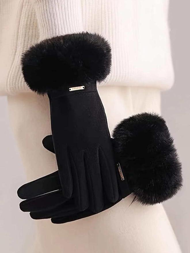 Women's Thick Windproof Touch Screen Gloves With Plush Cuffs For Warmth, Outdoor Cycling Sports Wear, Autumn And Winter style