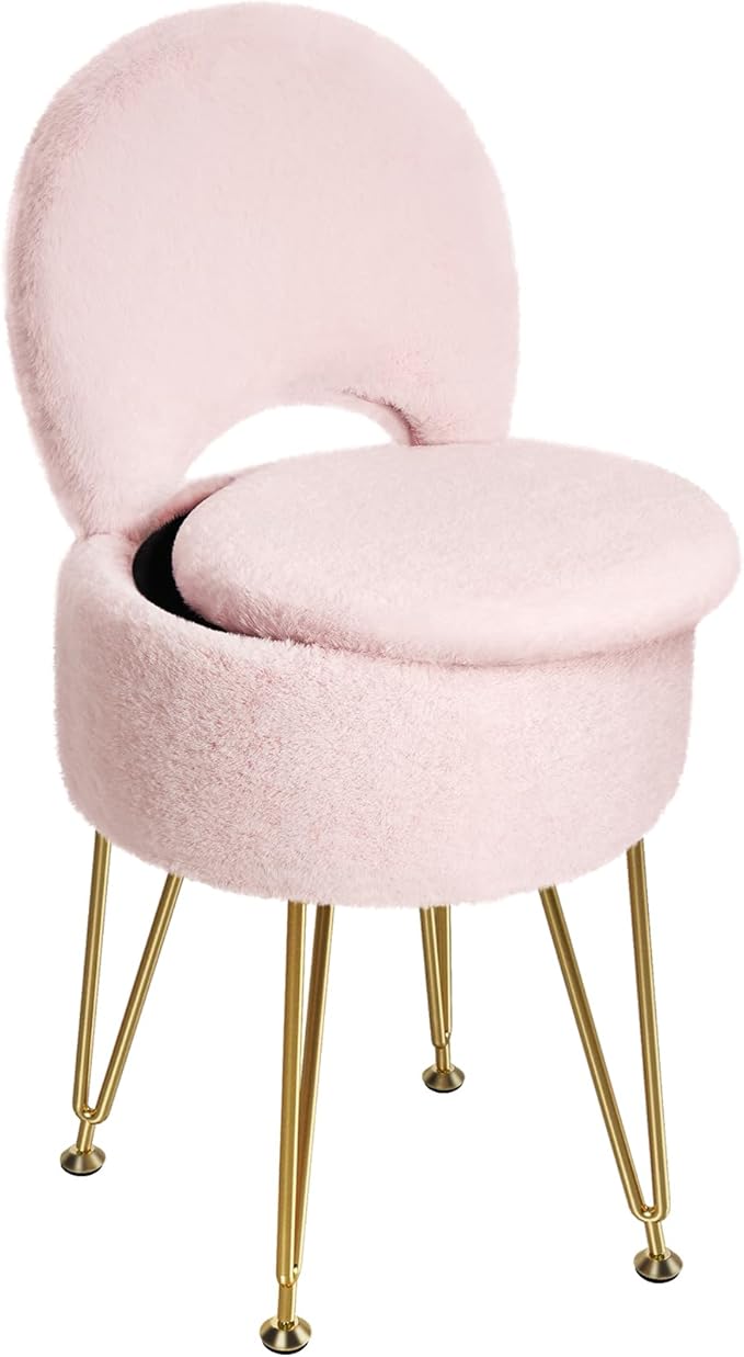 GREENSTELL Small Vanity Stool Chair with Storage and Folding Back, 13" x 13" x 17.7" Faux Fur Soft Ottoman for Teenager, 4...