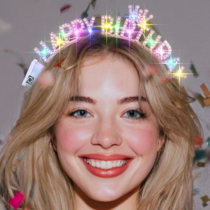 Uranian Light Up Birthday Headbands LED Rhinestone Halo Crown Silver Birthday Hairbands Brithday Hair Accessories for Women