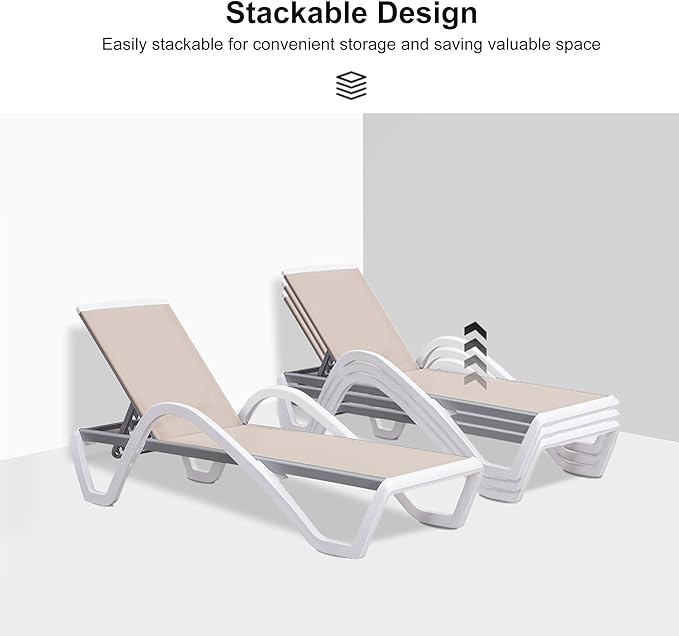 PURPLE LEAF Patio Chaise Lounge Chair with Armrests Outside Aluminum Plastic Stackable Tanning Chairs for Pool Sunbathing Beach Deck Outdoor Lounger, Khaki