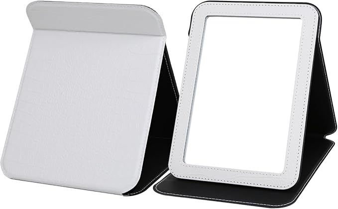 White Foldable Desk Mirror, 5.3×6.9” Adjustable Angle Rounded Rectangle PU Edge Covering Travel Mirror with Stand (MWhite)