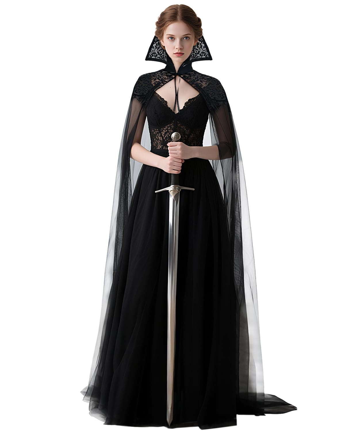 L'VOW Black Vampire Cloak Stand-up Lace Collar Cape Gothic Tulle Witches Cape for Womeen Halloween