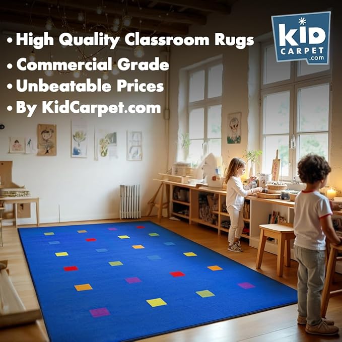 KIDCARPET.COM Seating Squares Multi on Blue 24 7'6" x 12' Rectangle, Educational Classroom Rug, Kids Learning Play Mat | Area Rug for Bedroom or Playroom
