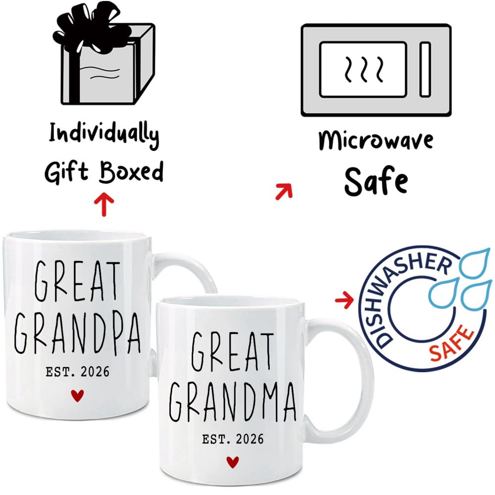 VLUG Great Grandparents EST 2026 Mugs Set, EST 2026 New Grandparents Gift, Pregnancy Announcement Pregnancy Reveal Mug, First Time Grandparents Gift (white)