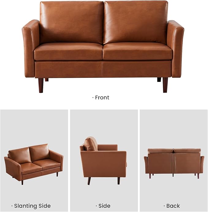 Kingfun Faux Leather 2 Seat Couch for Living Room, Mid Century Modern Sofa with Rolled Arms and Deep Seats, Fluffy Comfort for Apartment, Easy to Assemble, Chestnut