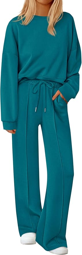 PRETTYGARDEN 2 Piece Sets For Women Fall Trendy Long Sleeve Sweatshirt Wide Leg Pants Loungewear Set Matching Sweatsuit
