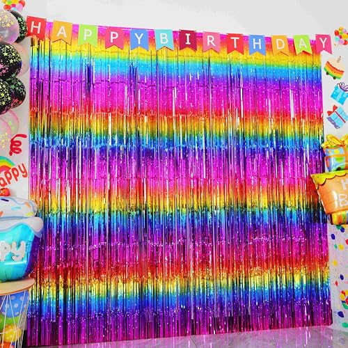 Sparkly Neon Rainbow Foil Fringe Curtain Backdrop Metallic Streamers Photo Booth Props for Birthday Bachelorette Gay Pride...
