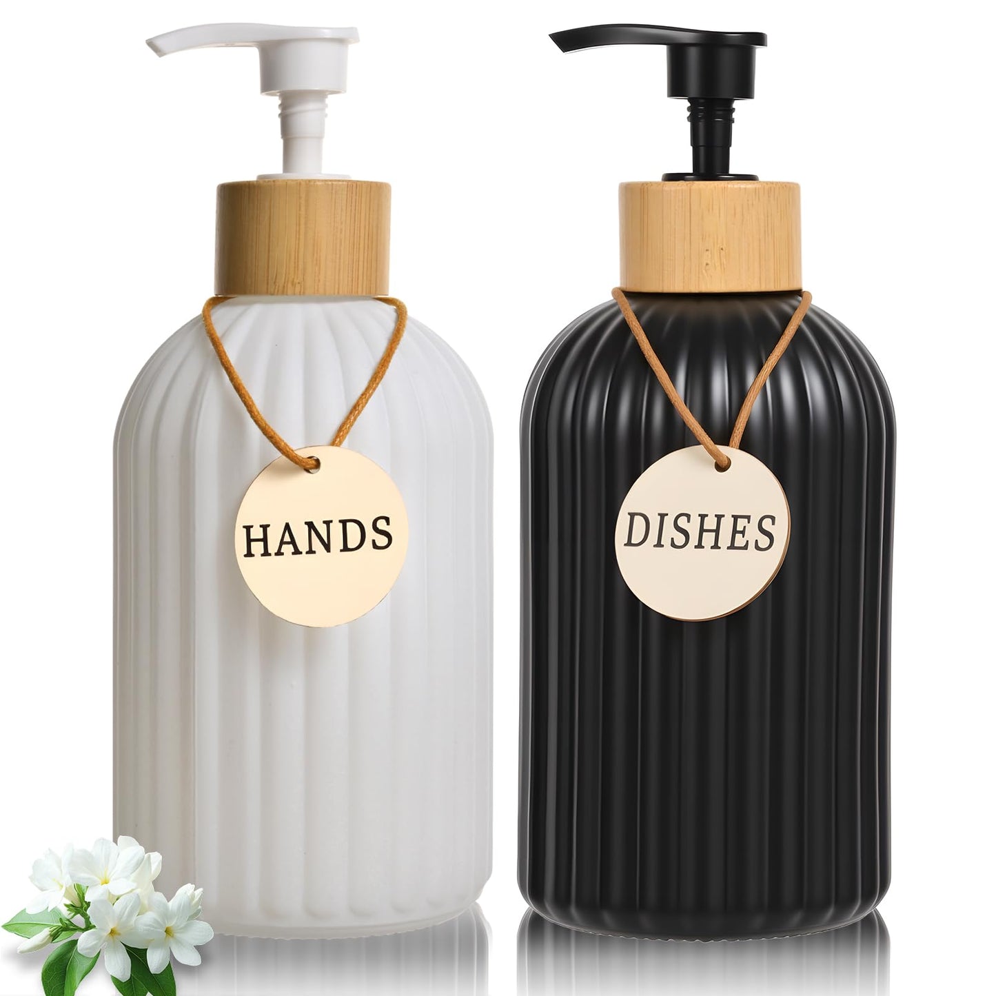2 Pack ViserVita Glass Hand Soap Dispenser Set with Bamboo Pump, Elegant Refillable Liquid Dish Soap Dispenser, Perfect for Kitchen Sink and Bathroom Decor