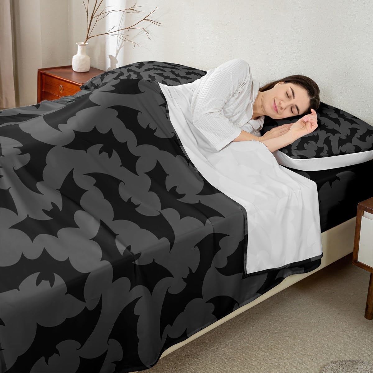 Feelyou Bat Sheet Set Queen Size Kids Happy Halloween Sheets with Deep Pocket Fitted Sheet for Boys Girls Bed Sheets Set Trick or Treat Grey Bedding Set Room Decor Bed Set, 4Pcs
