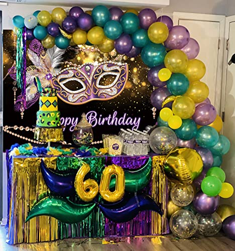 Mardi Gras Birthday Backdrop Masquerade Purple Mask Gold Glitter Feathers Photography Background Retro Women Dress-up Part...