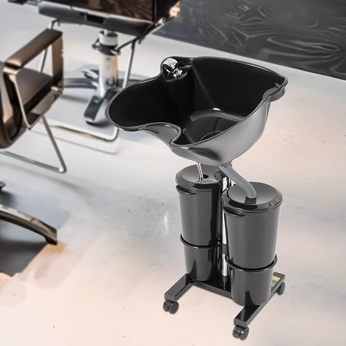 Electric Portable Shampoo Bowl, Height/Angle Adjustable Portable Salon Shampoo Bowl with 2 Buckets Hair Washing Sink with Wheels Shampoo Basin Portable Hair Washing Station