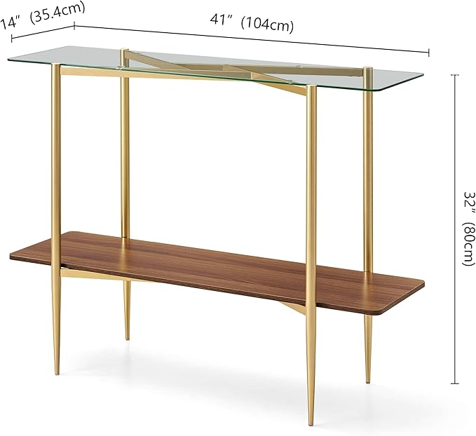 Pine Flicker Rectangle Glass Console Table, Mid-Century Modern Design, L41*W14*H32 inch, for Living Room, Clear Glass Top and Walnut Finish Wood Shelf, Conical Metal Legs with Gold Finish