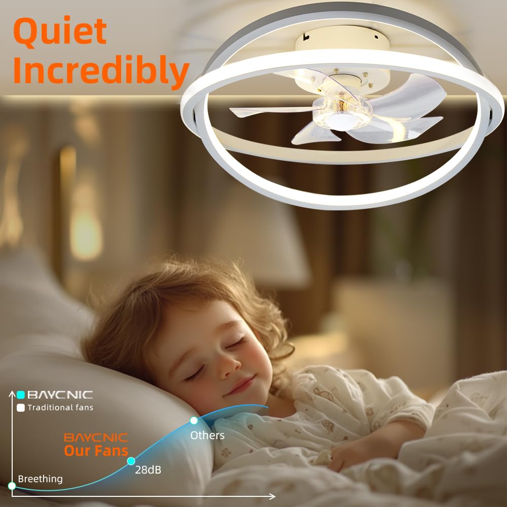Baycnic Ceiling Fan With Led Light,Low Profile Ceiling Fans, Flush Mount Modern Ceiling Fans,Fandeliers Ceiling Fan Fixture With