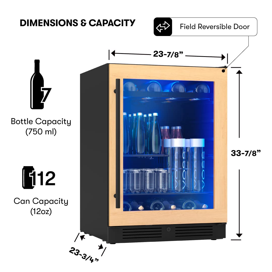 Zephyr Presrv 24 Inch Panel Ready Single Zone Beverage and Wine Fridge 7 bottles, 108x12oz cans Under Counter, Built In Cooler (handle sold separately, wood panels not included)