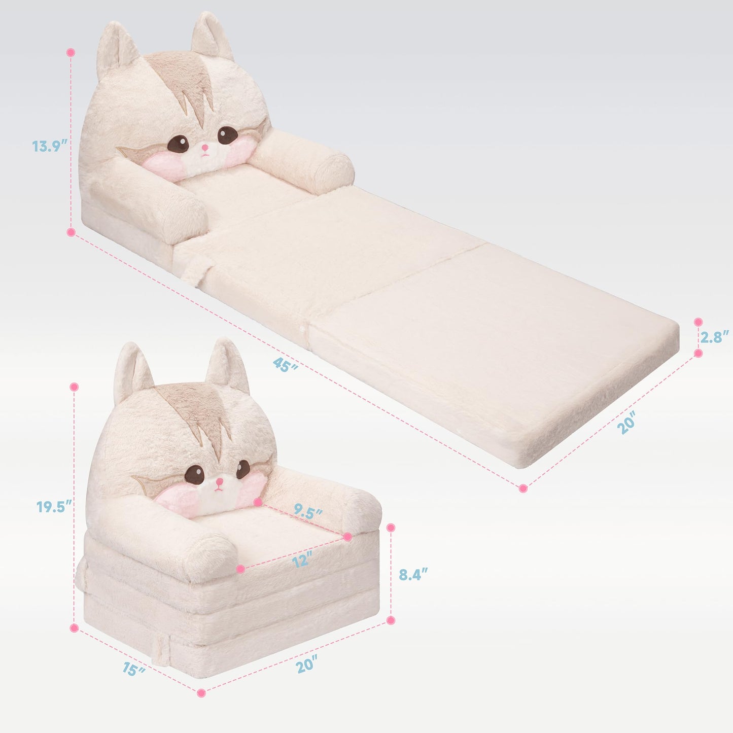 MONKISS Kids Couch, Comfy Toddler Chair, 2 in 1 Fold Out Kids Sofa to Lounger, Baby Sleeper Chair, Toddler Furniture, Birthday Gifts for Boys and Girls, 1~4 Years Old, Cute Cat