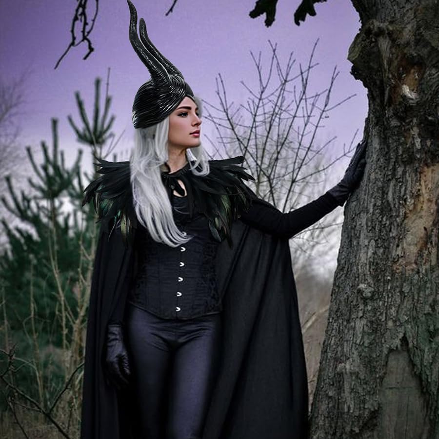 Joukavor Maleficent Costume Adult Black Velvet Cape Feather Shawl with Evil Queen Horns Set (Black)