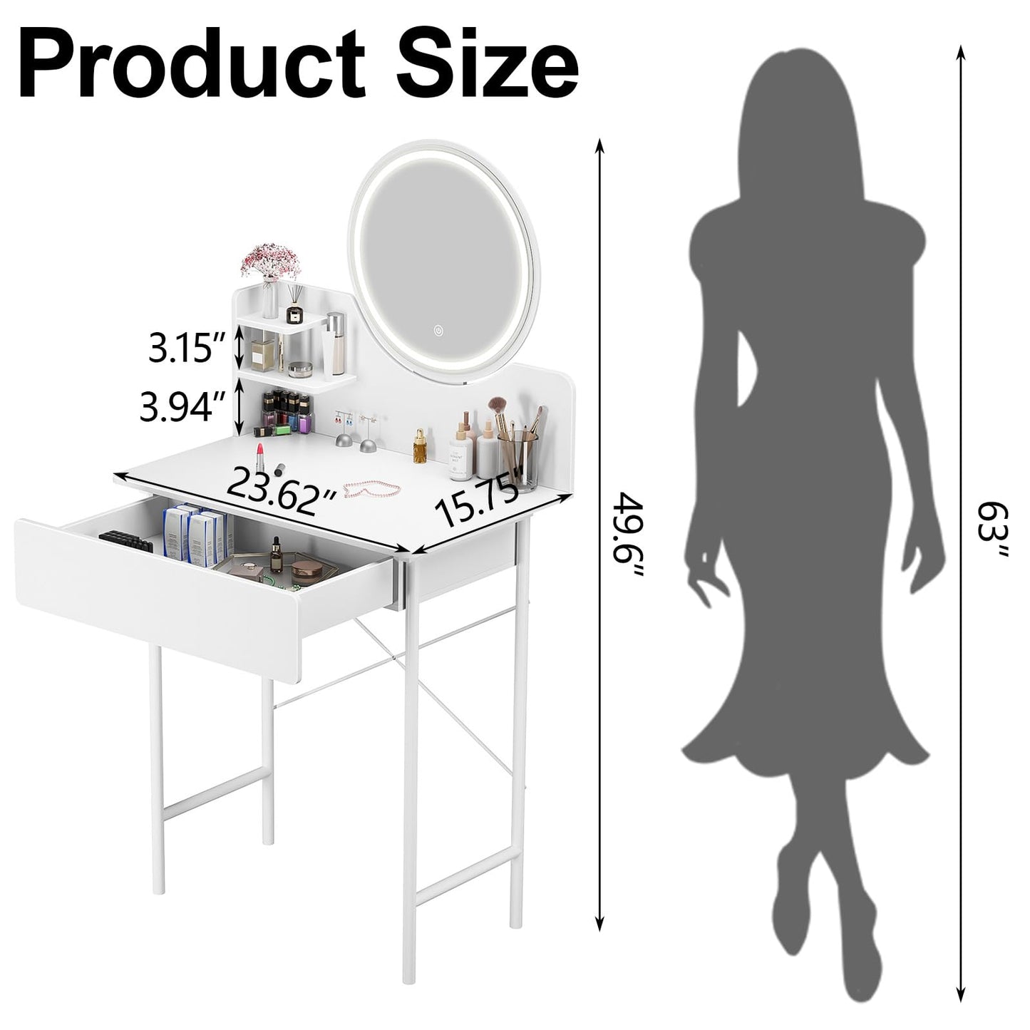 Gryphvex Small Vanity Desk with Mirror and Lights, Makeup Table with 1 Drawer and 2 Opening Shelves, Girls Vanity Dressing Table for Bedroom, 50 Inches Compact Vanities for Small Spaces