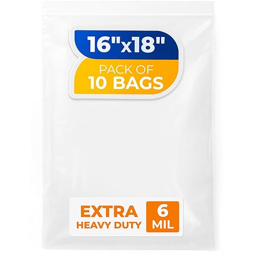 16" x 18" Large Zip Seal Lock Bags, 6 Mil (Pack of 10) – Heavy-Duty Reclosable Plastic Bags – Clear, Resealable, Waterproof – For Storing and Organizing Clothes, Jewelry, and Travel Items