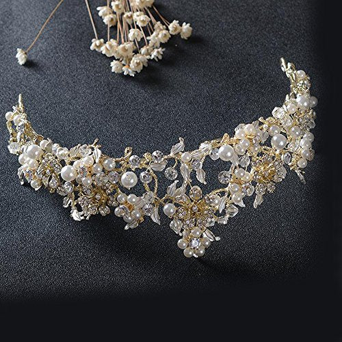 FXmimior Vintage Gold Flower Bead Bridal Wedding Crown Headband Women Crystal Tiara Headpiece Wedding Hair Accessories