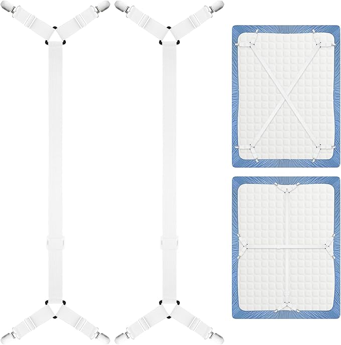 Morcheiong 2 Pack Bed Sheet Fasteners Straps Adjustable Bed Sheet Holder Bands with Sheet Clips for Bedding Stays Bedsheet Tie Downs - White