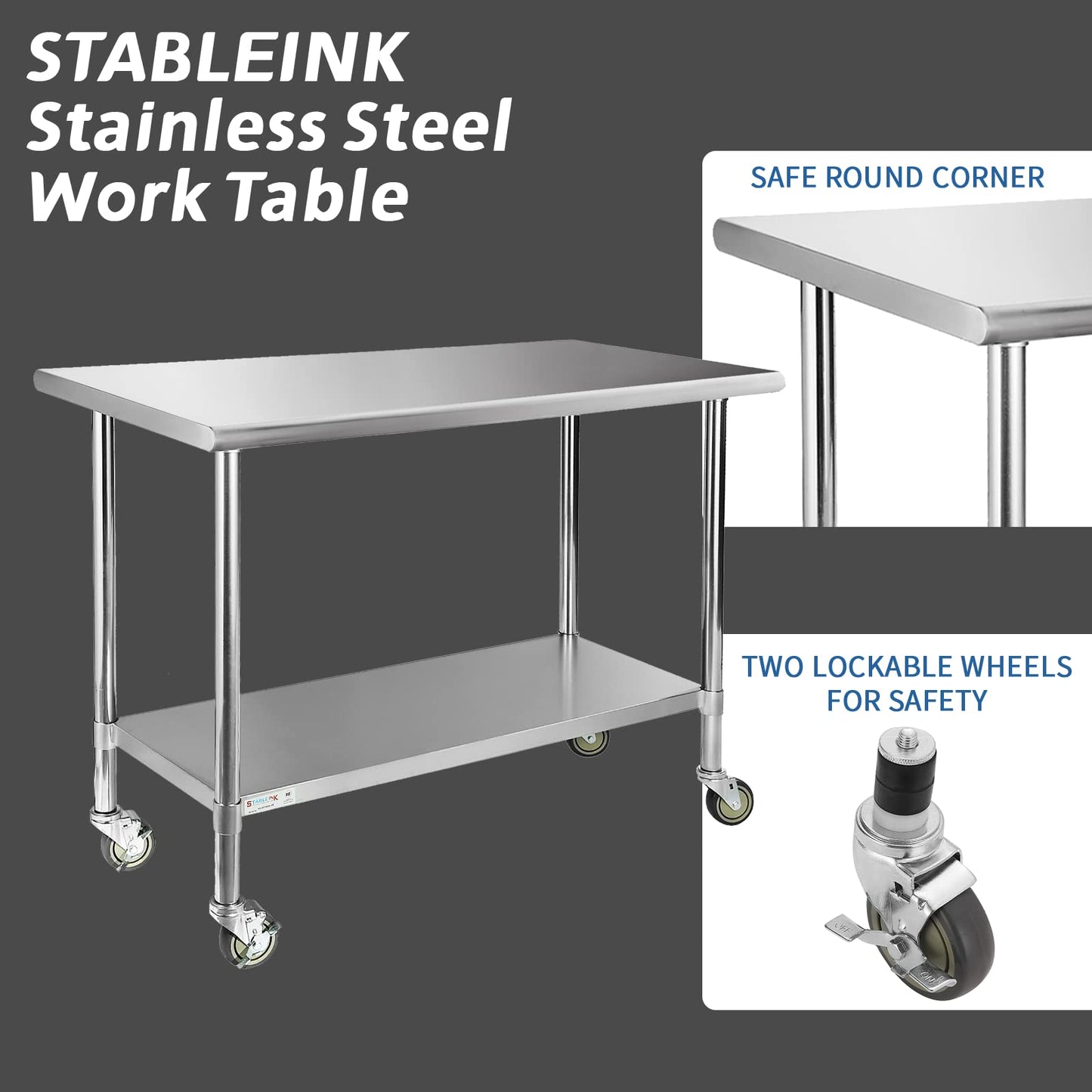 STABLEINK Stainless Steel Table with Wheels 24 x 60 Inches 5ft, NSF Commercial Prep & Workbench with Adjustable Undershelf and Casters, for Commercial Kitchen, Restaurant, Hotel,Laundry and Garage