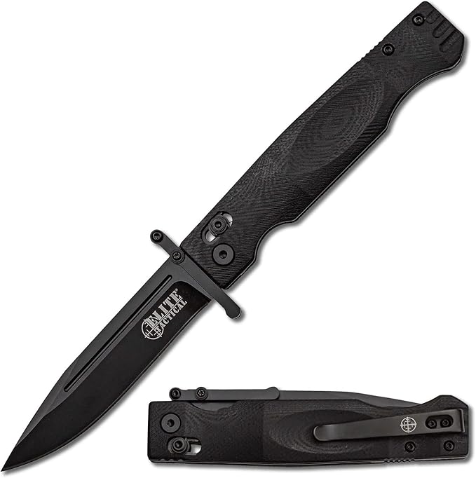 Elite Tactical Folding Knife, 8.5 Inch Total Length, D2 Steel Blade, Black ET-FDR012BK