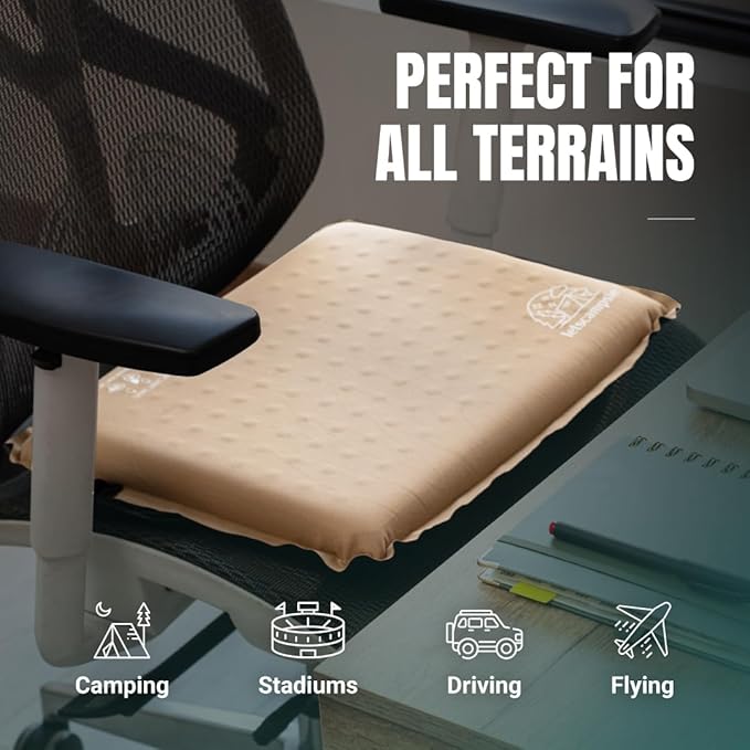 Inflatable Seat Cushion – Stadium, Airplane & Travel Comfort - 2 Inch Thick Self-Inflating Foam, Perfect for Bleachers, Camping, Office, Car - Includes Travel Bag and Carabiner