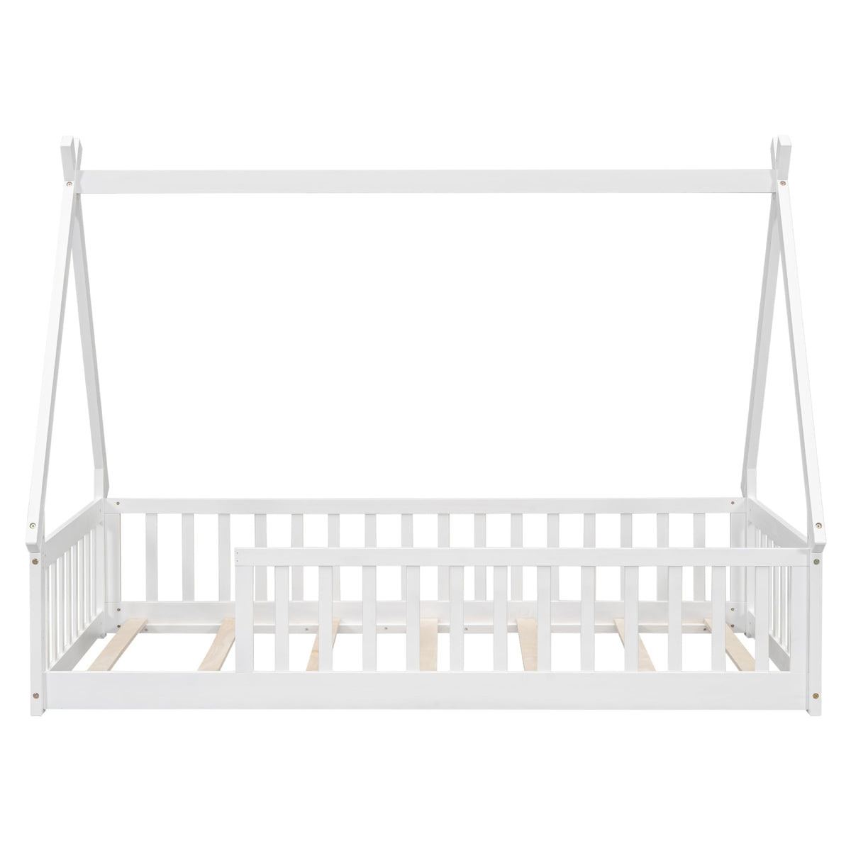 Wekuku Twin Tent Shaped Floor Bed for Kids – Teepee with Guardrails Slats, White Wooden Playhouse Bed for Bedroom, Montessori Inspired Design