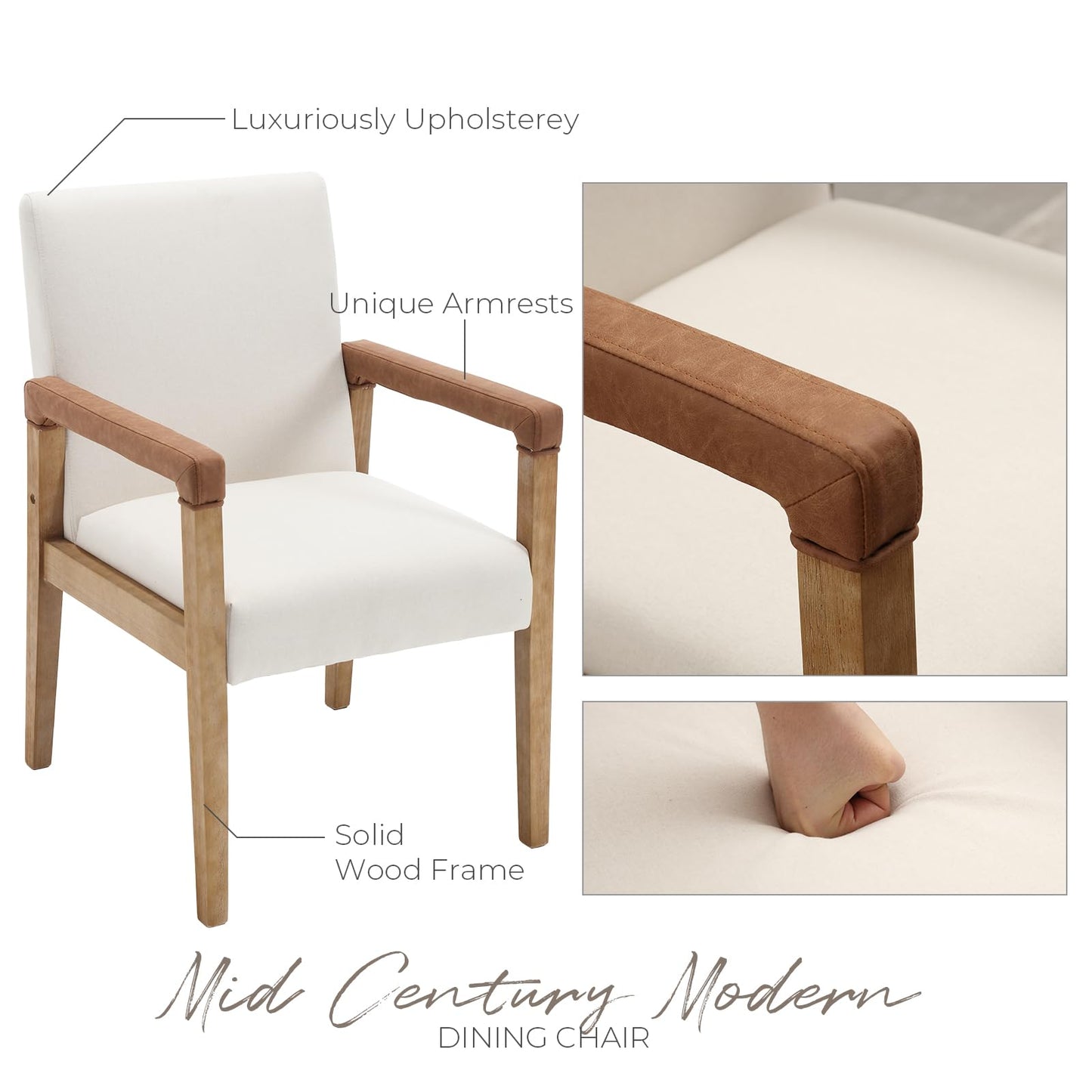 LZAREAL Mid Century Modern Dining Chairs Set of 4 Fabric Upholstered Living Room Side Chair, Kitchen Arm Chair with Solid Wood Legs for Home Restaurant, Linen White