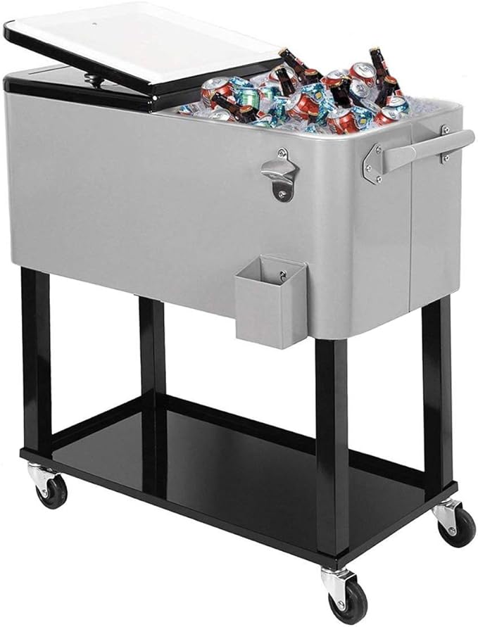 80 Quart Qt Rolling Cooler Ice Chest for Outdoor Patio Deck Party, Grey, Portable Party Bar Cold Drink Beverage Cart Tub, ...