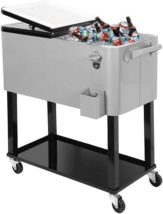 80 Quart Qt Rolling Cooler Ice Chest for Outdoor Patio Deck Party, Grey, Portable Party Bar Cold Drink Beverage Cart Tub, ...
