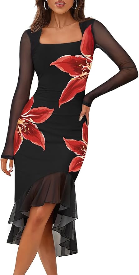MEROKEETY Women's 2026 Wedding Guest Dress Bodycon Long Sleeve Square Neck Ruched Mesh Cocktail Party Holiday Midi Dresses
