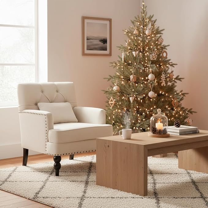 HUIMO Tufted Club Chair,Accent Chair with Lumbar Pillow, Upholstered Button Armchair, Linen Fabric Sofa Chairs for Bedroom, Living Room, Mid Century Modern with Studded Reading Chair Beige