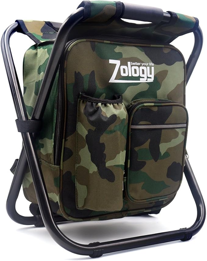 Zology Folding Camping Chair Stool Backpack with Cooler Insulated Picnic Bag, Hiking Camouflage Seat Table Bag Camping Gear, Outdoor Fishing Hunting Gifts for Men