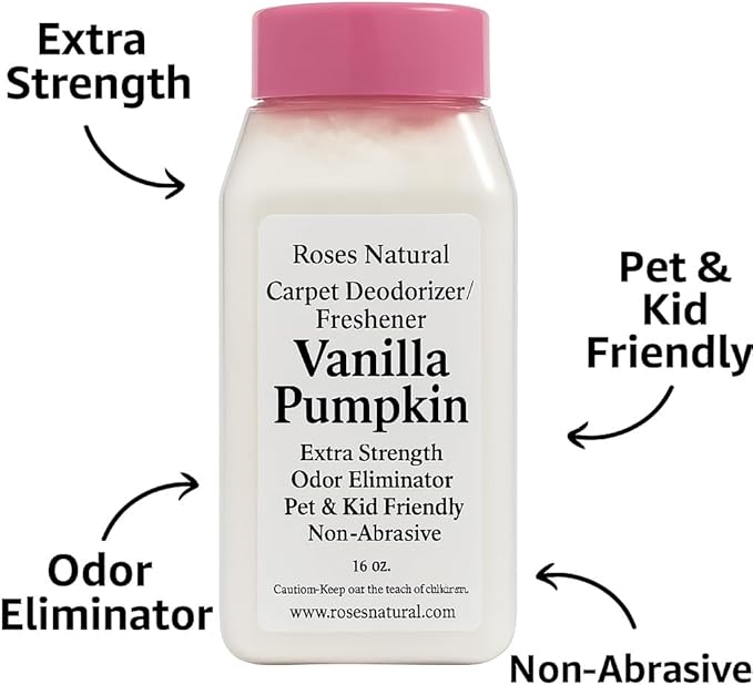 Vanilla Pumpkin Carpet Deodorizer and Freshener, Extra Strength, Pet and Kid Friendly, Non-Abrasive Odor Eliminator, 16 oz, Made in the USA