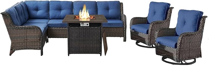 Belord Outdoor Sectional Sofa Furniture Set with Propane Fire Pit Table, Wicker Patio Conversation Set with 2 Swivel Glider Rocker Chairs Blue Cushion Perfect for Backyard Casual Gathering