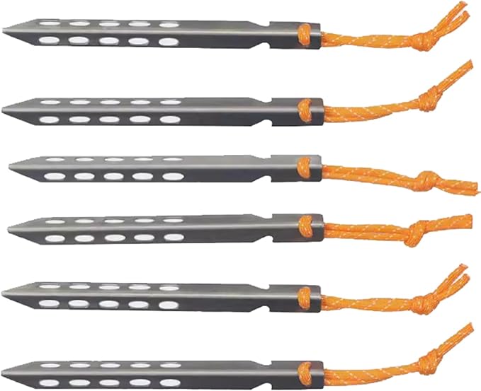 Ultralight Titanium Tent Stakes with Orange Cord, 6.3 Inch, 0.46 oz, Set of 6, Gray Best for Camping, Backpacking, Hiking,...