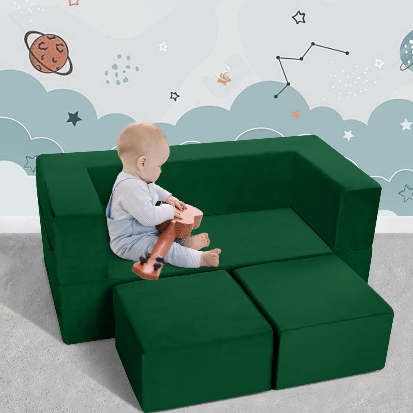 MeMoreCool Modular Kids Play Couch Sofa – Green Convertible Toddler Couch, Fold-Out Plush Foam Chair for Children’s Playroom