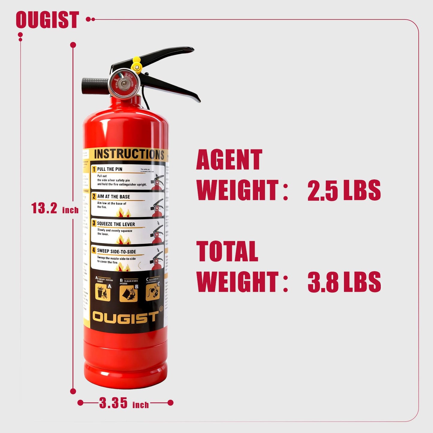 2.5LBS ABC Dry Chemical Fire Extinguisher for Home & Vehicle, Portable Kitchen/Car/RV Fire Extinguisher, Non-Conductive Multipurpose Class A B C, Red (1-Pack)