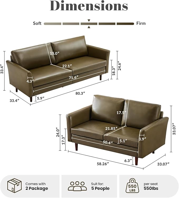 Kingfun Faux Leather 3 Seat Couch Set for Living Room, Mid Century Modern Sofa with Rolled Arms and Deep Seats, Fluffy Comfort for Apartment, Easy to Assemble, Olive Green Sofa and Loveseat