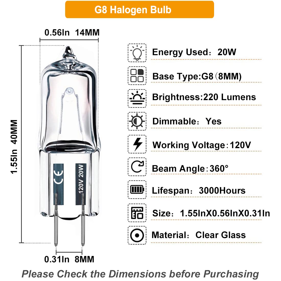 JCD 10PCS G8 Halogen Bulb 20W 120V, Bi-Pin Xenon Light Bulbs, Warm White, Dimmable, for Under Cabinet Puck Lights