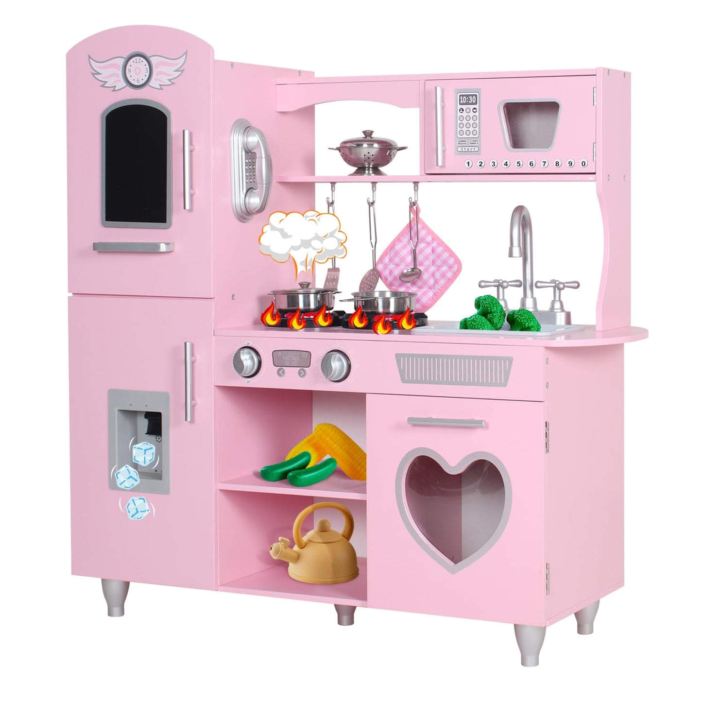 TaoHFE LED Upgrade Kitchen Set for Kids Wooden Play Kitchen LED Gas Tray with Sound Toy Kitchen Sets for Girls Gift Enjoy Cooking with Lights and Sounds Pink Kitchen for Toddlers Kids Kitchen Playset