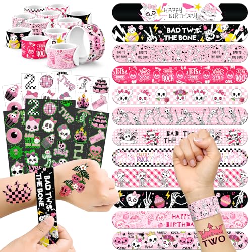 96 PCS Bad Two the Bone Party Favors Set – 72 Pre-Cut Temporary Tattoos & 24 Rock-Inspired Slap Bracelets for Kids, Perfec...