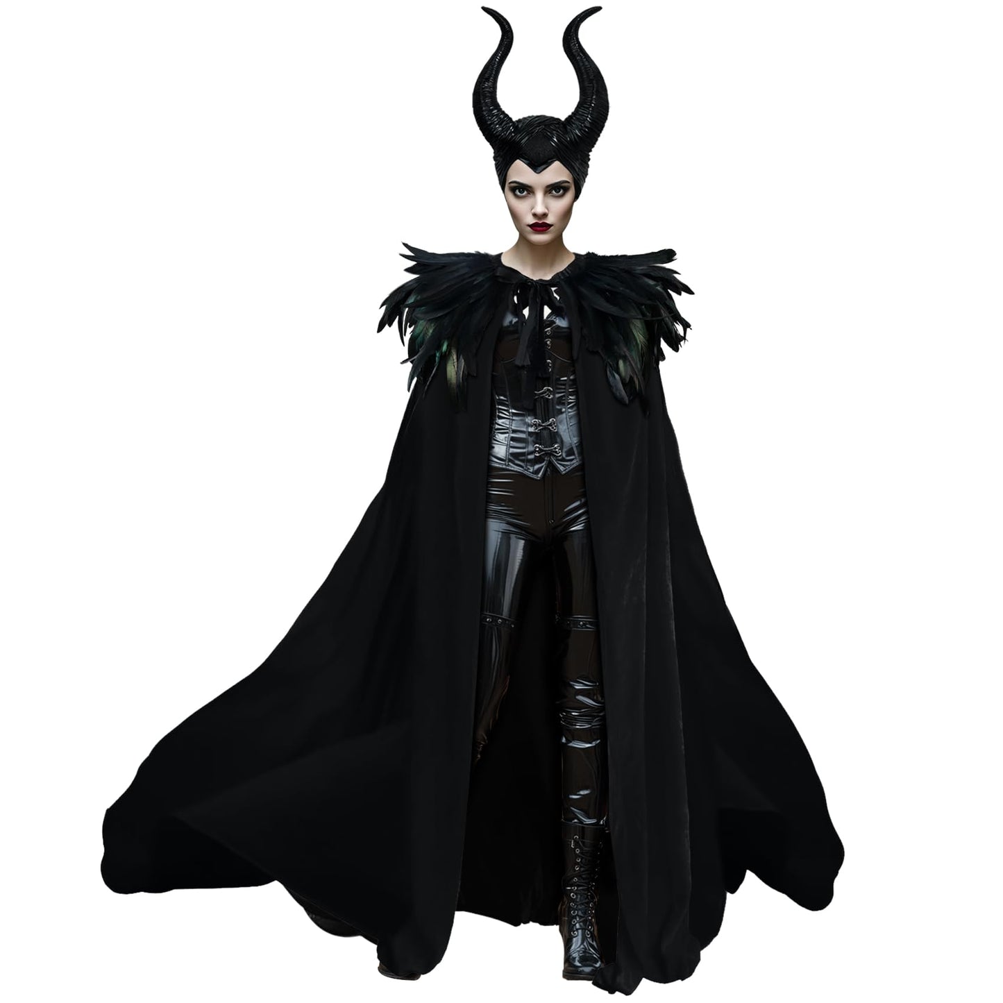 L'VOW Feather Shawl Cape Black Cloak with Demon Horns Set - Women's Halloween Wicked Queen Maleficent Costume