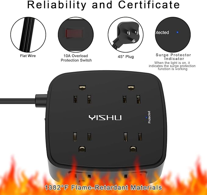 6 Ft Surge Protector Power Strip - YISHU 8 Widely Outlets with 4 USB Ports, 3 Side Outlet Extender with 6 Feet Flat Extension Cord, Ultra Flat Plug, Wall Mount, Desk USB Charging Station, ETL, Black
