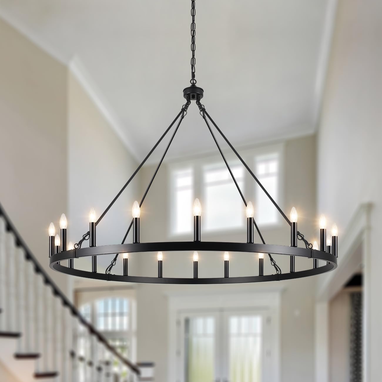 LASENCHOO Black Wagon Wheel Chandelier 20 Lights Dia 48" Farmhouse Chandeliers for Dining Room Light Fixture, Round Rustic Chandelier for Entryway Living Room, Large Chandeliers for High Ceilings